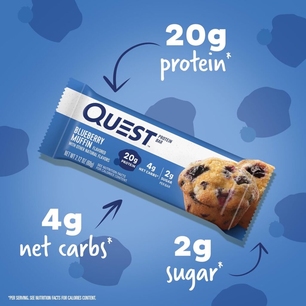 Quest Nutrition Blueberry Muffin Protein Bars, 20g Protein, 5g Net Carbs, 2g Sugar, Gluten Free, Keto Friendly, 4 Count