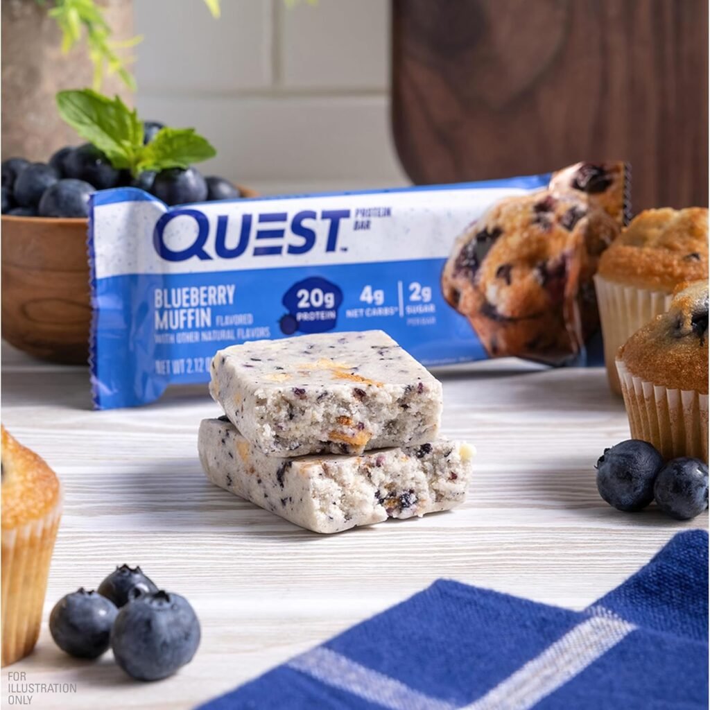 Quest Nutrition Blueberry Muffin Protein Bars, 20g Protein, 5g Net Carbs, 2g Sugar, Gluten Free, Keto Friendly, 4 Count