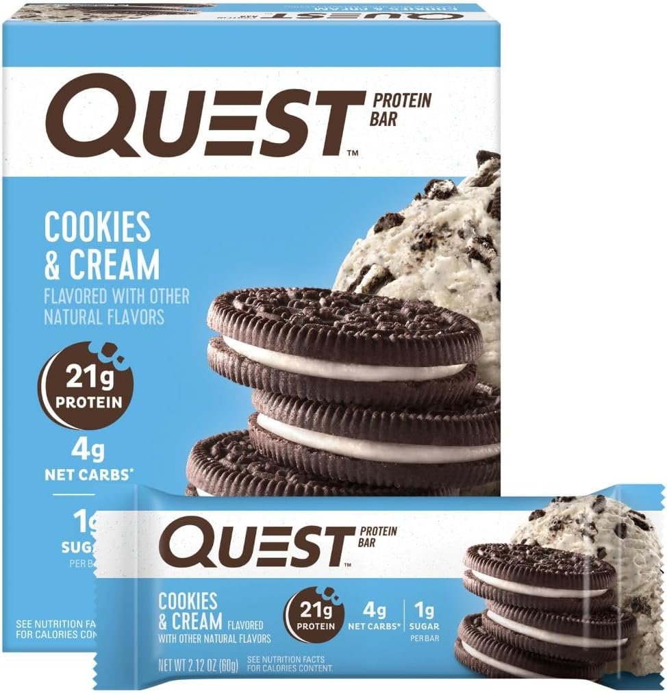 Quest Nutrition Cookies  Cream Protein Bars, 21g Protein, 4g Net Carbs, 1g Sugar, Gluten Free, Keto Friendly, 4 Count