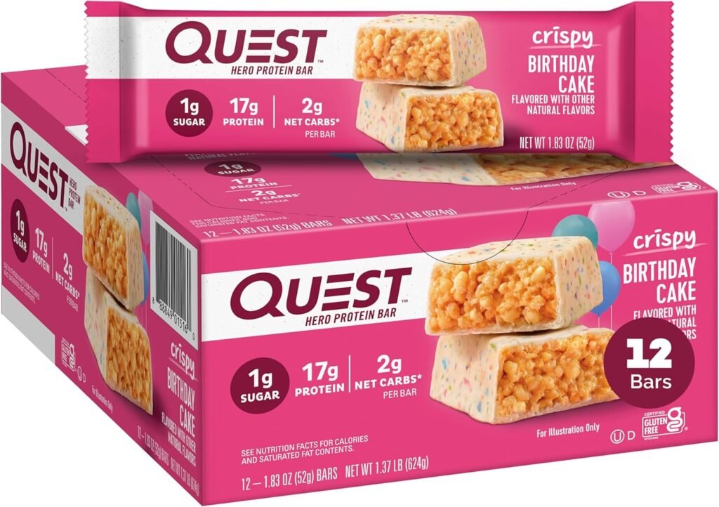 Quest Nutrition Crispy Birthday Cake Hero Protein Bar, 17g Protein, 1g Sugar, 2g Net Carbs, Gluten Free Protein Snack, Keto Friendly, 12 Count