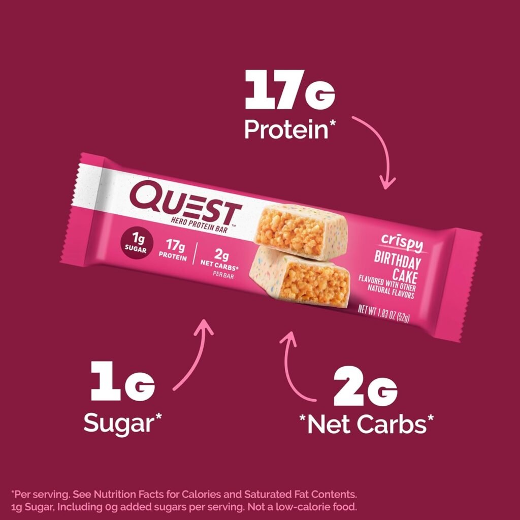 Quest Nutrition Crispy Birthday Cake Hero Protein Bar, 17g Protein, 1g Sugar, 2g Net Carbs, Gluten Free Protein Snack, Keto Friendly, 12 Count