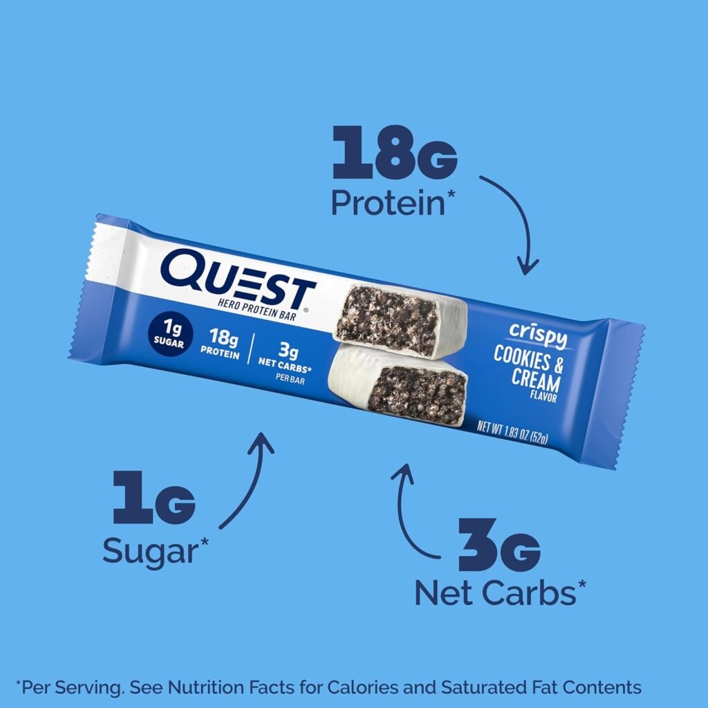 Quest Nutrition Crispy Cookies  Cream Hero Protein Bar, 18g Protein, 1g Sugar, 3g Net Carb, Gluten Free, Keto Friendly, 4 Count