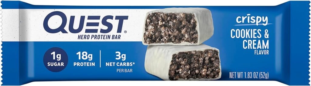 Quest Nutrition Crispy Cookies  Cream Hero Protein Bar, 18g Protein, 1g Sugar, 3g Net Carb, Gluten Free, Keto Friendly, 4 Count