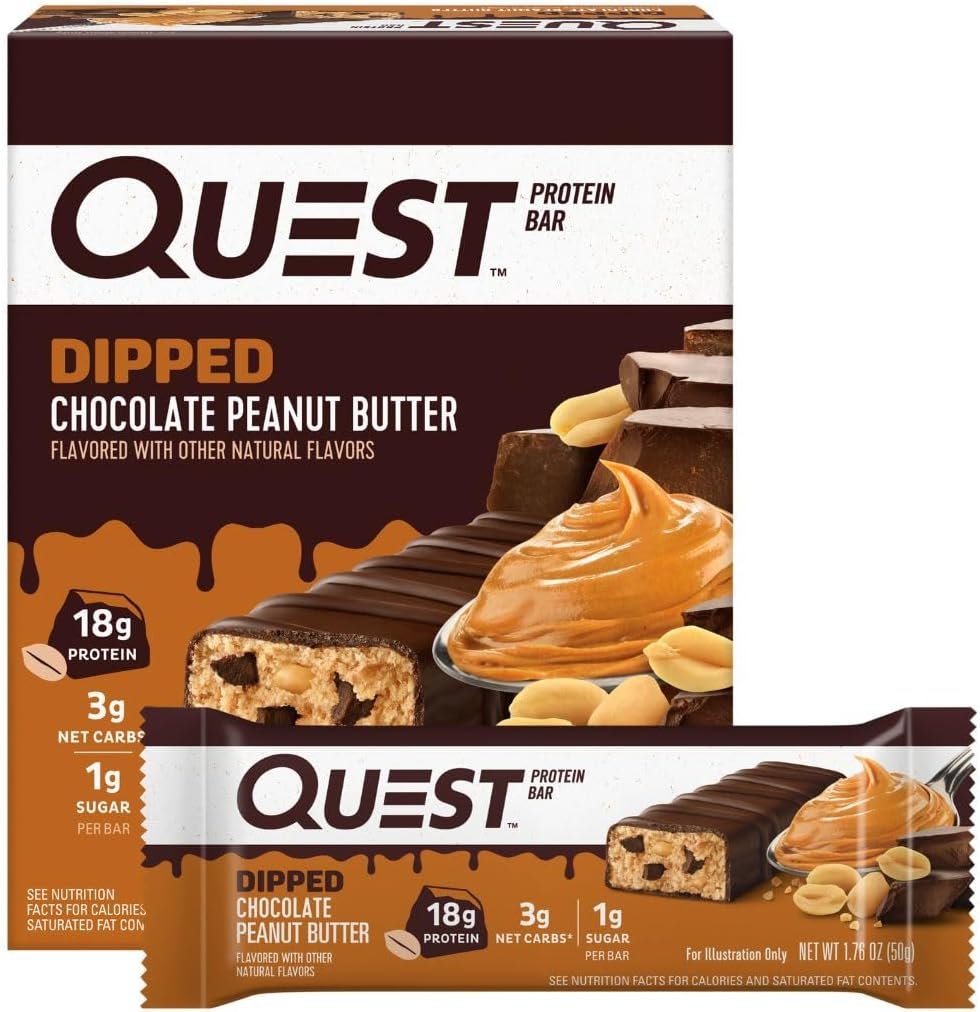 Quest Nutrition Dipped Chocolate Peanut Butter Protein Bars, 18g Protein, 1g Sugar, 3g Net Carbs, Gluten Free, 4 Count