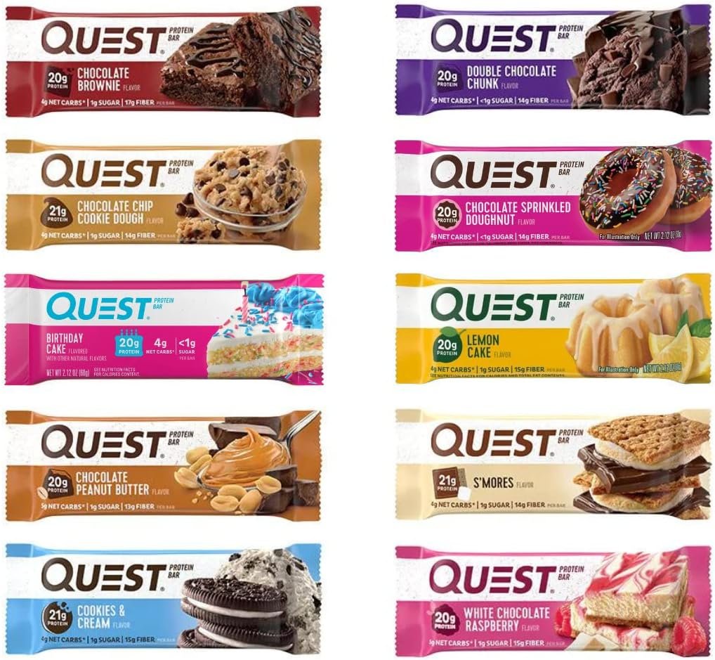 Quest Nutrition Protein Bars, Assorted 10 Flavor Variety Pack - High Protein, Low Carb, Gluten Free, Keto Friendly - 2.12 Oz Bars - 10 Count